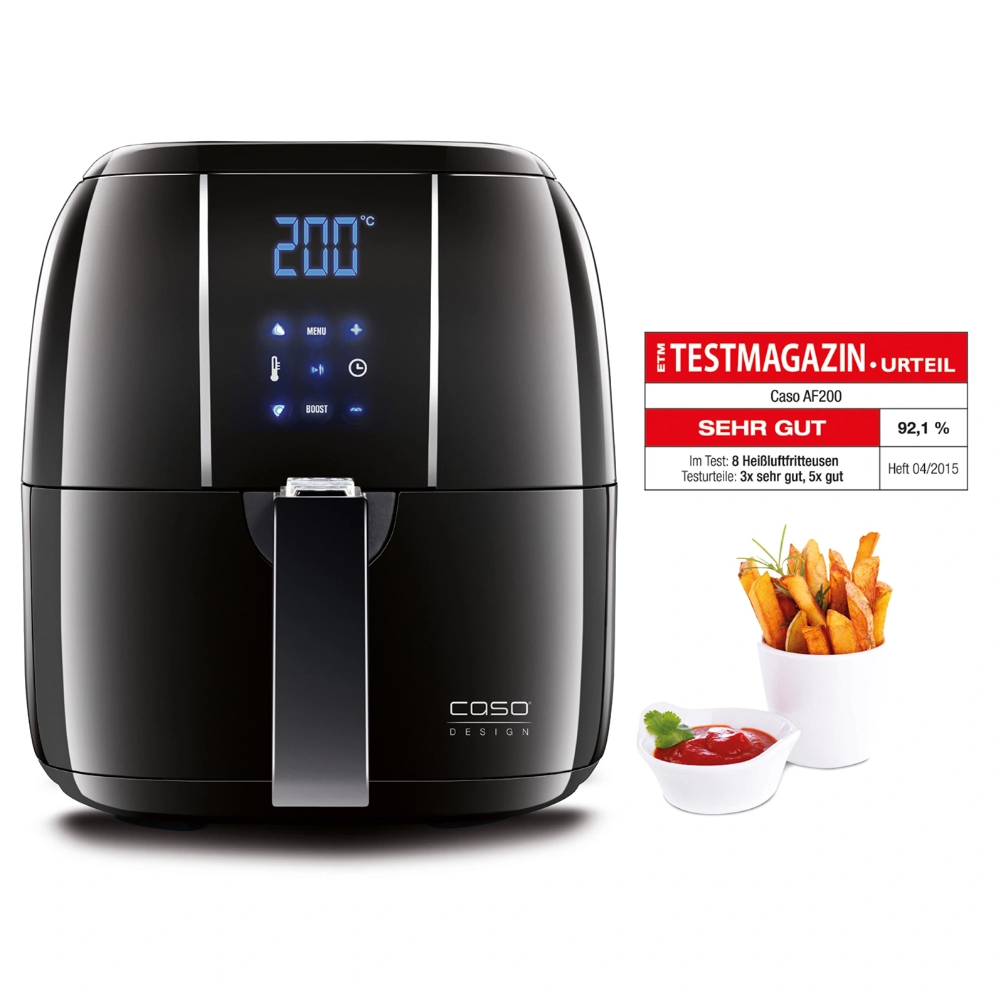 Schwarze Heißluftfritteuse mit digitaler Anzeige und Pommes Frites.