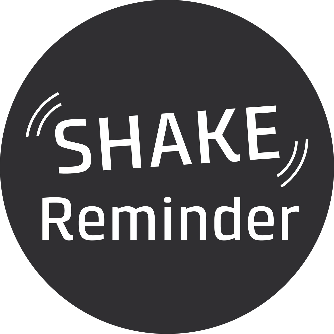 Kreisförmiges Logo mit weißem Text 'SHAKE Reminder' auf grauem Hintergrund.