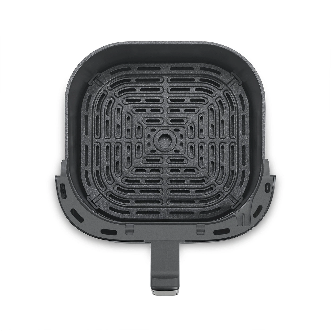 Draufsicht auf einen schwarzen Airfryer-Korb mit Lochmuster und Griff.