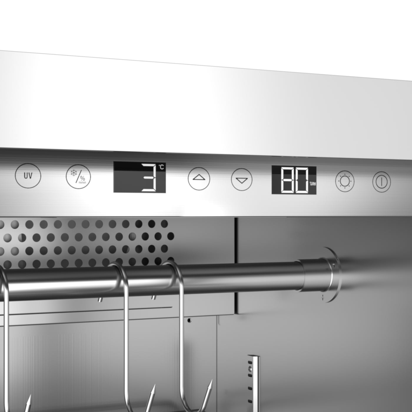 Refrigerator with temperature display, hooks, and stainless steel controls.