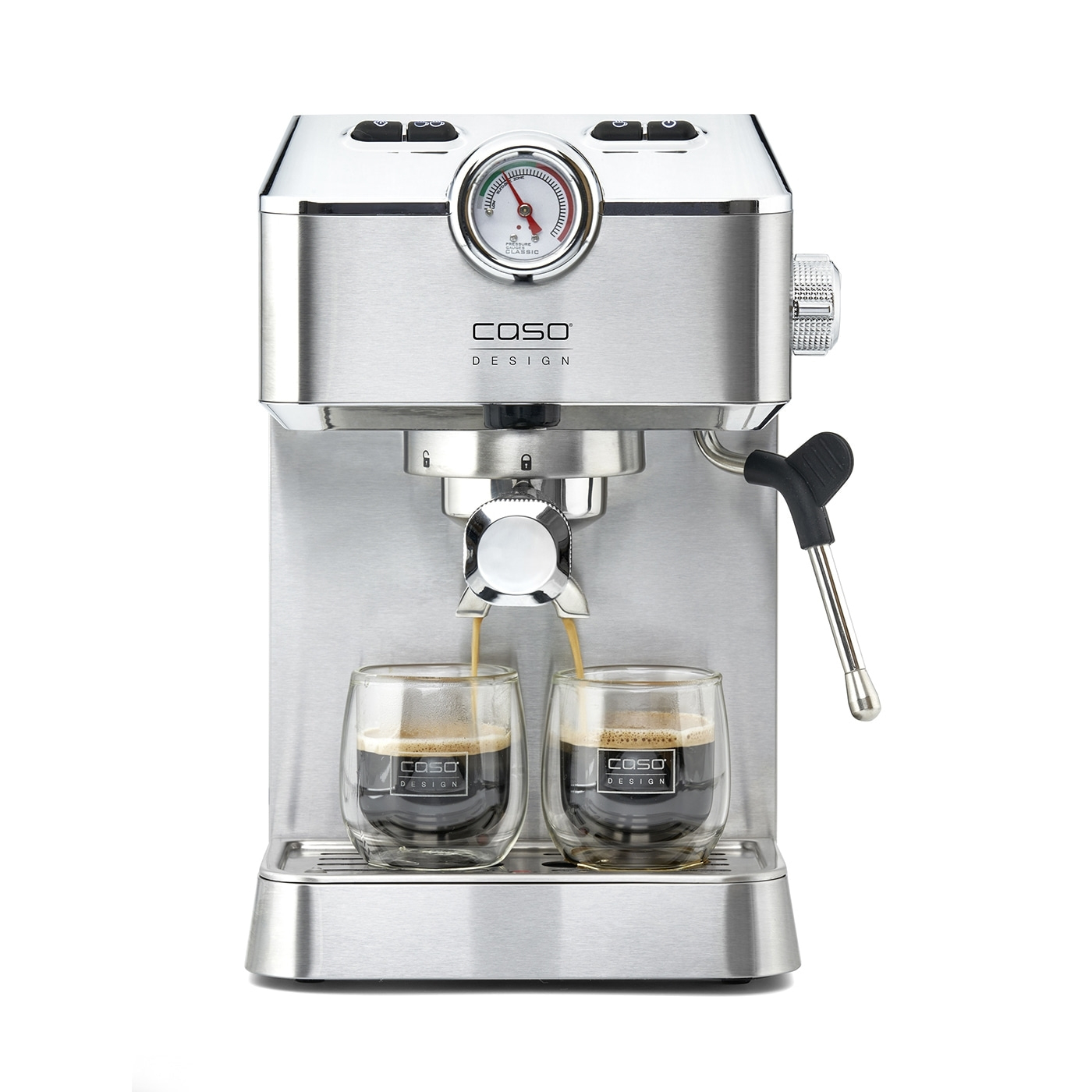 Espresso machine pouring coffee into two glasses, Caso Design brand