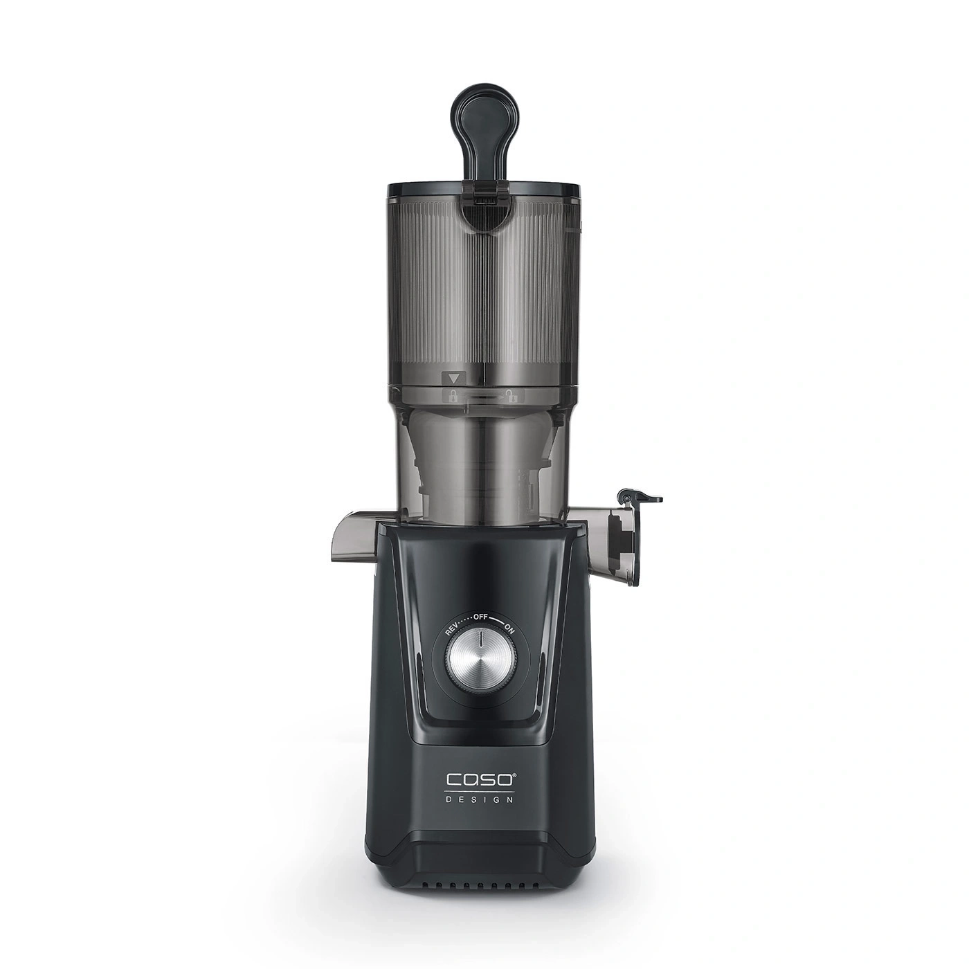 Black juicer with dial and COSO Design logo on white background, product shot.