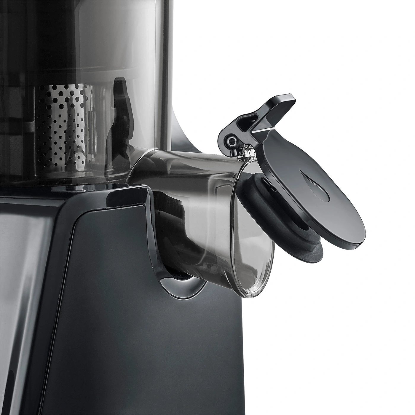 Close-up of a black juicer with open outlet and lid, modern design
