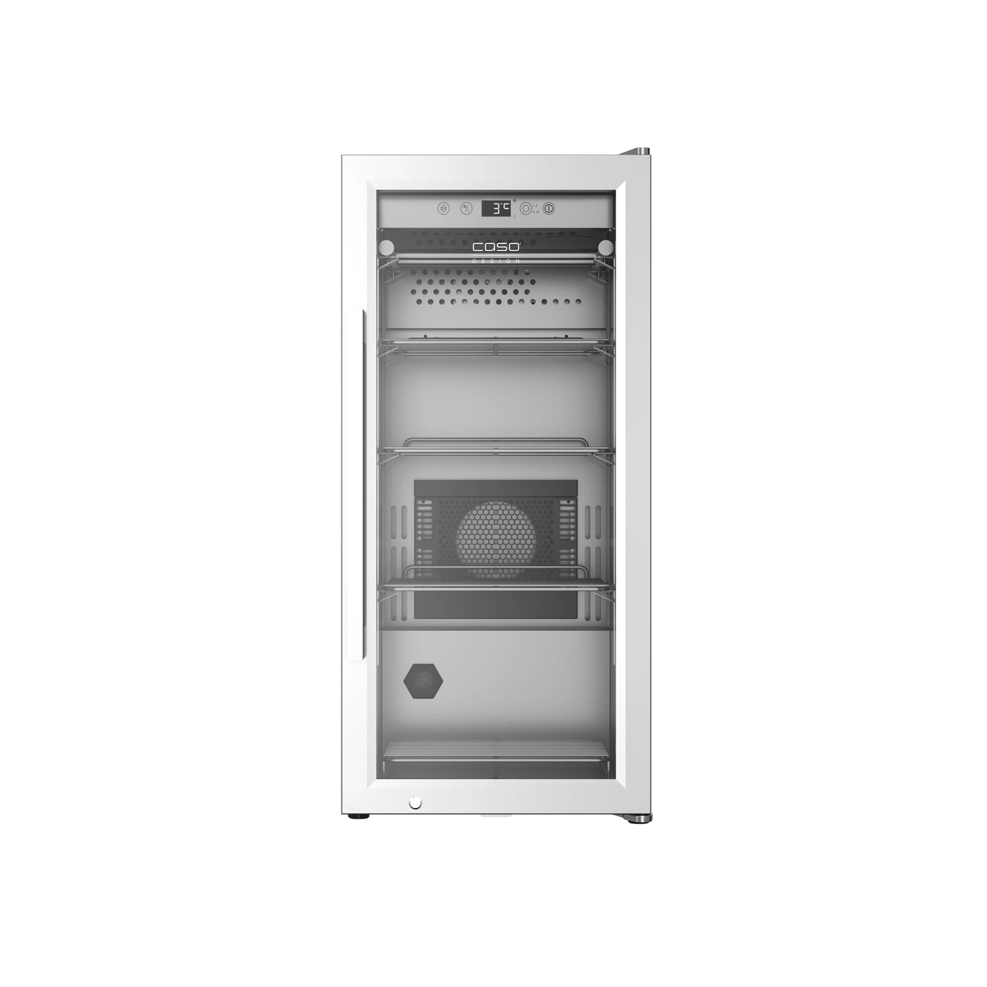 Weißer Weinkühlschrank mit Glastür und Temperaturanzeige, isoliert auf weißem Hintergrund.