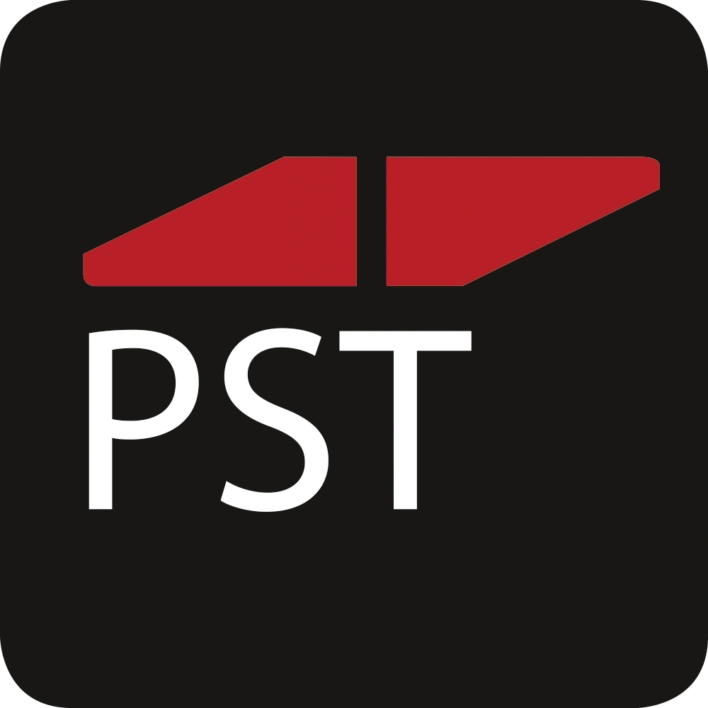 Logo avec design rouge et texte PST blanc sur fond noir