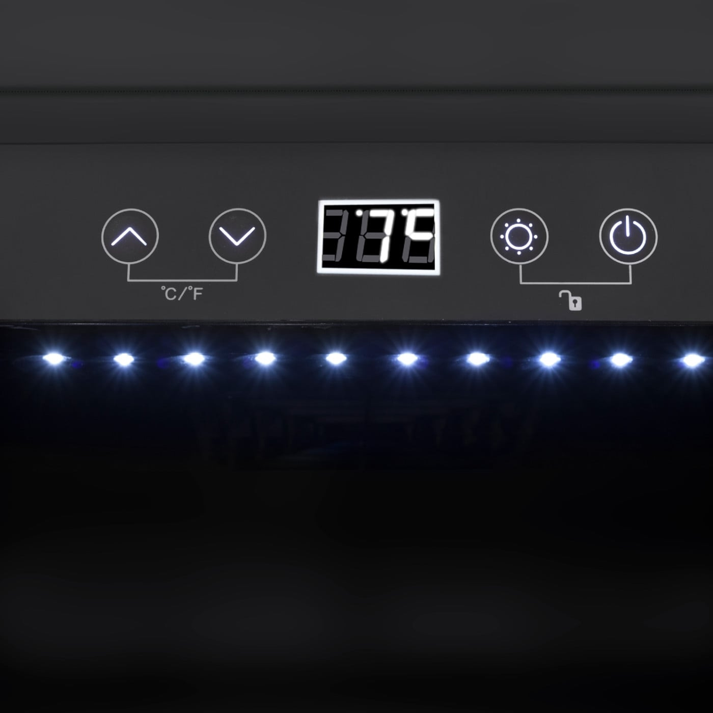 Refrigerator control panel with temperature display and lighting, black.