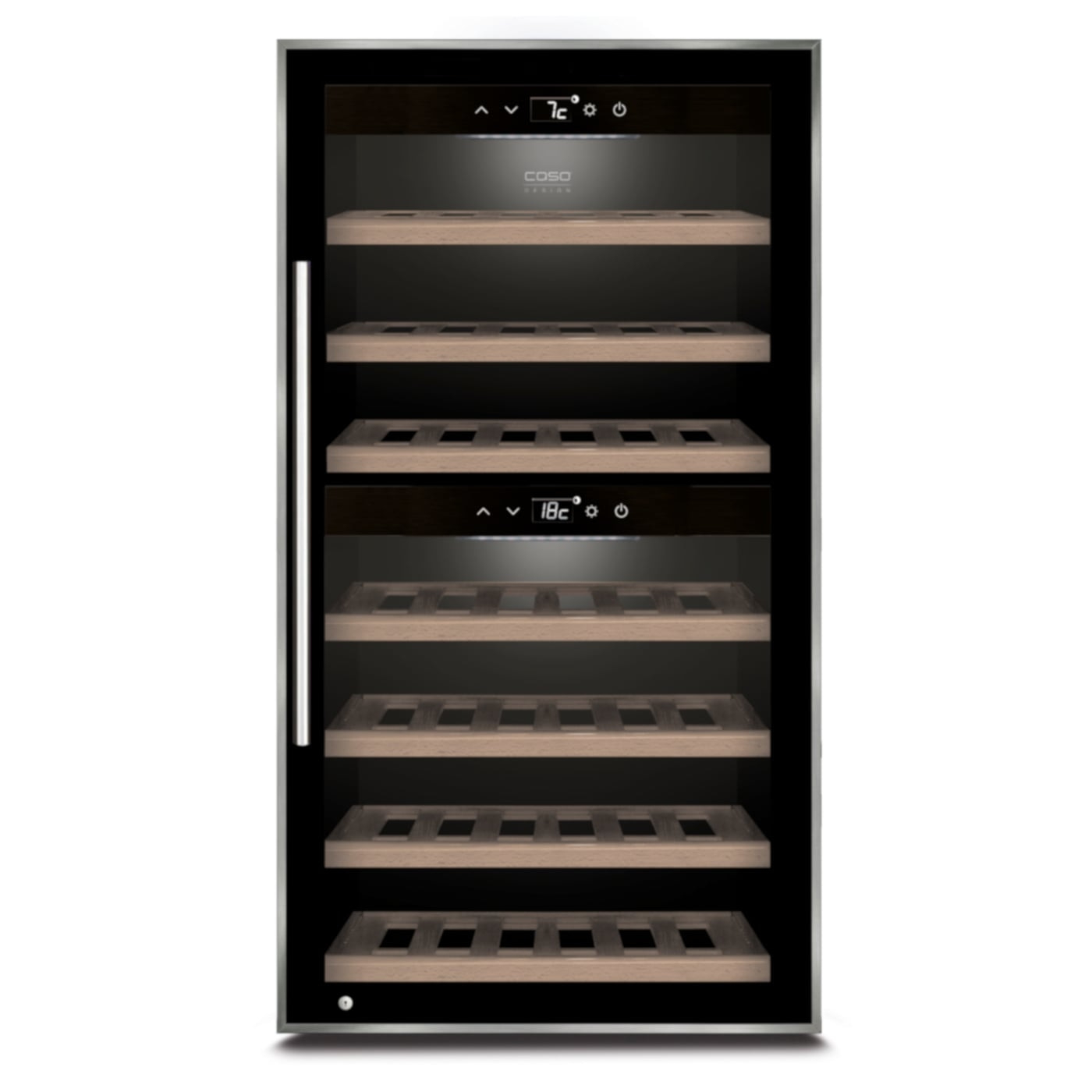 Wine cooler with wooden shelves and temperature display, black