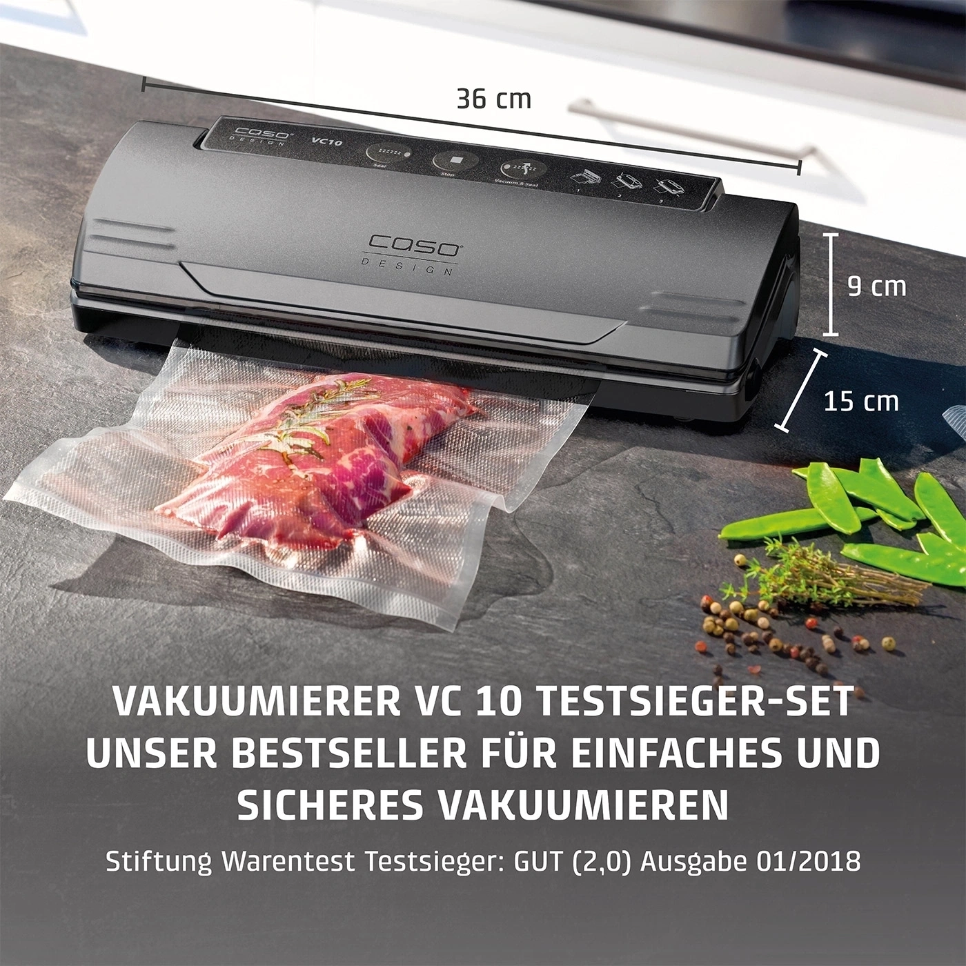 Caso VC 10 vacuum sealer with meat in vacuum bag, dimensions shown.