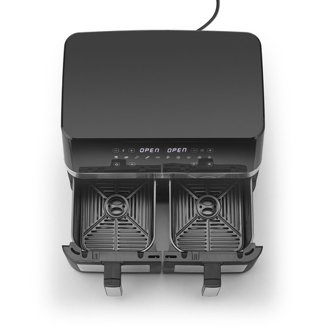 Schwarze Heißluftfritteuse mit zwei Körben und Bedienfeld, bereit zum Kochen.