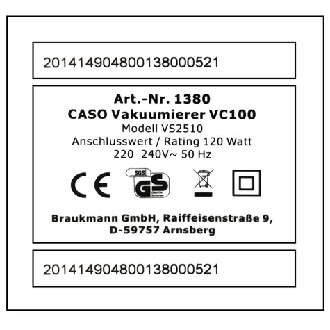 Produktinformationen: Vakuumierer, Modell, Leistung, Hersteller, Adresse, Seriennummer.