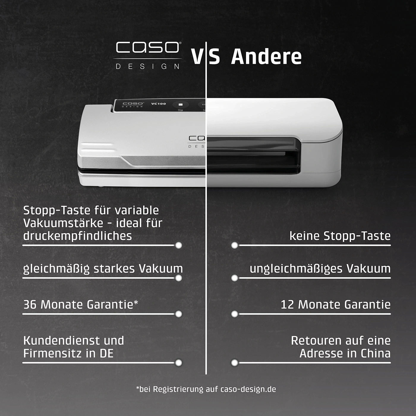 Comparaison: Scelleuse sous vide Caso vs. autres appareils, fonctions et garantie.