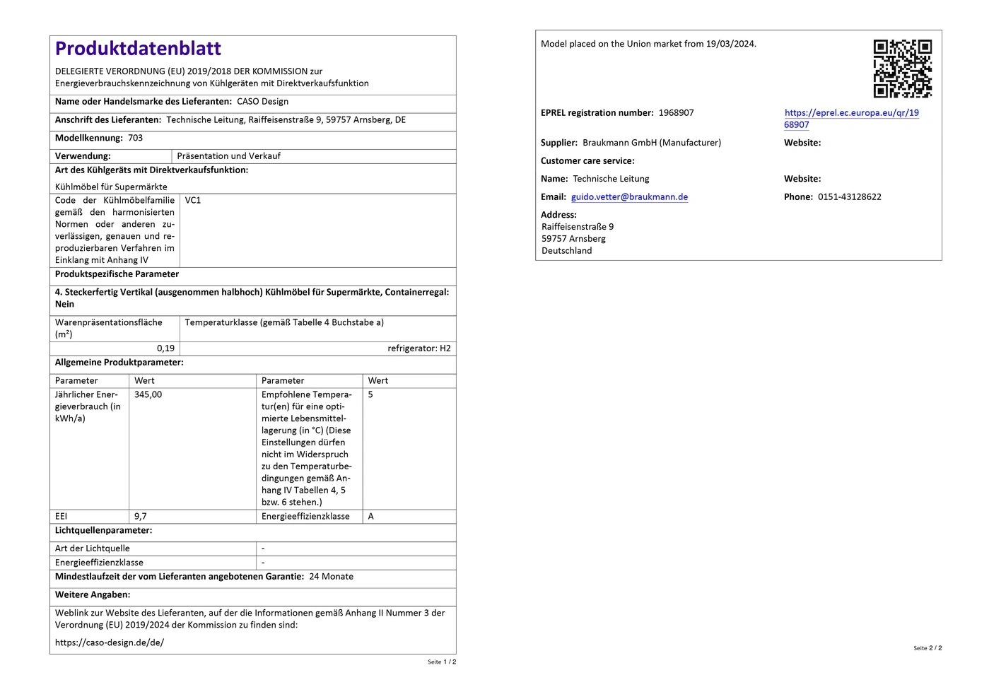 Fiche produit avec des informations sur l'efficacité énergétique et les spécifications techniques.