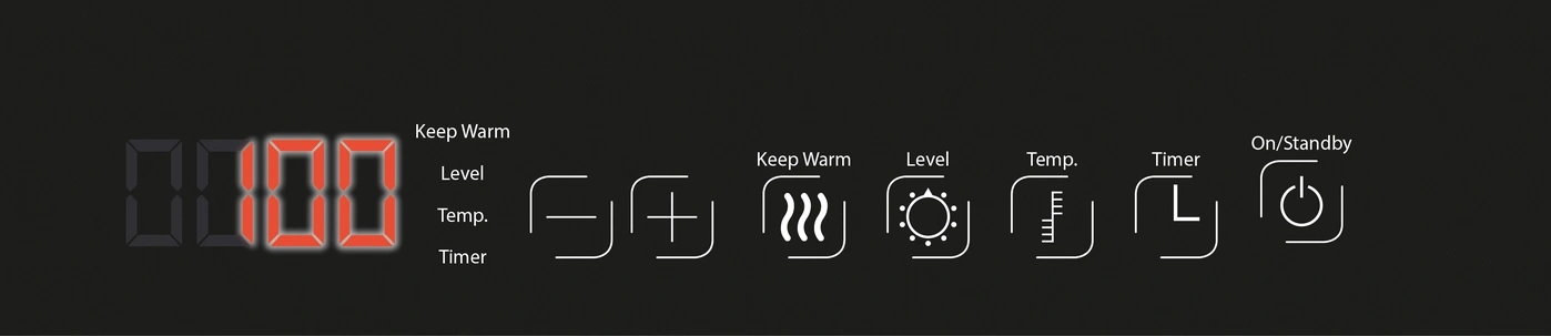 Bedienfeld mit Digitalanzeige und Symbolen für Warmhalten, Stufe, Temperatur, Timer und Ein/Aus.