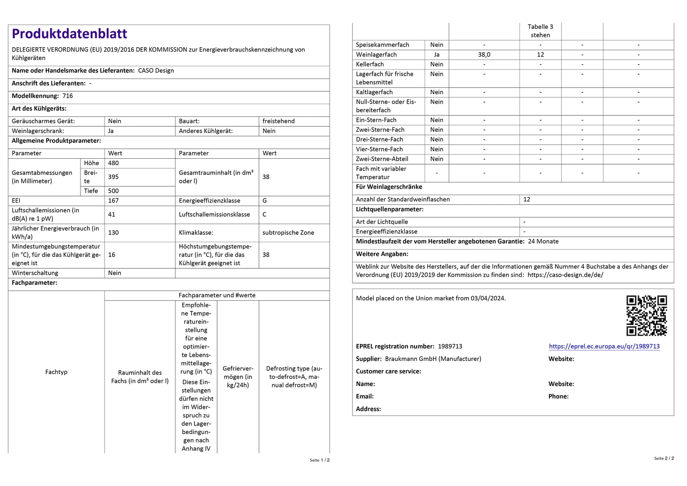 Produktdatenblatt mit technischen Daten für Kühlgeräte, Energieeffizienz und mehr.