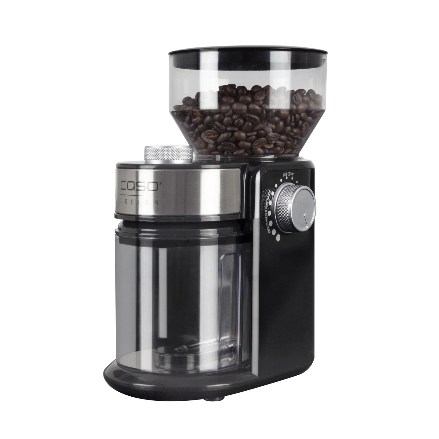 Kaffeemühle mit Bohnen, schwarz und silber, für Kaffeezubereitung