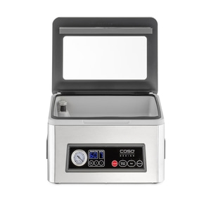 Vacuum sealer with control panel and open lid, stainless steel design, Caso Design.