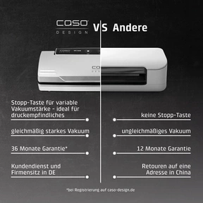 Comparaison: Scelleuse sous vide Caso vs. autres appareils, fonctions et garantie.