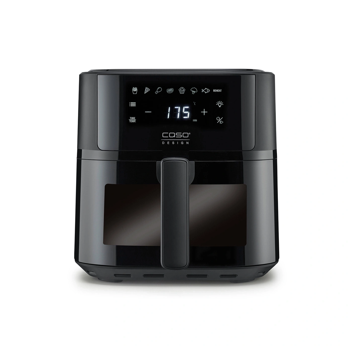 Schwarze Heißluftfritteuse mit digitalem Display und Griff für Küche und Kochen.
