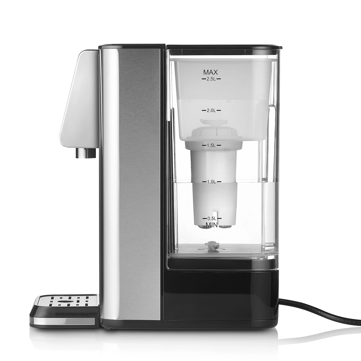 A water dispenser with a stainless steel body and a transparent tank.