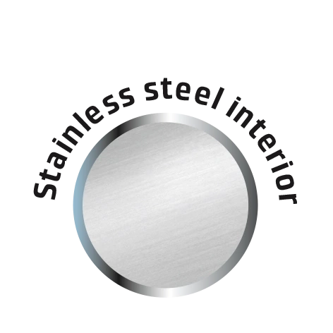 Stainless steel interior, circular, with text, shiny, black background