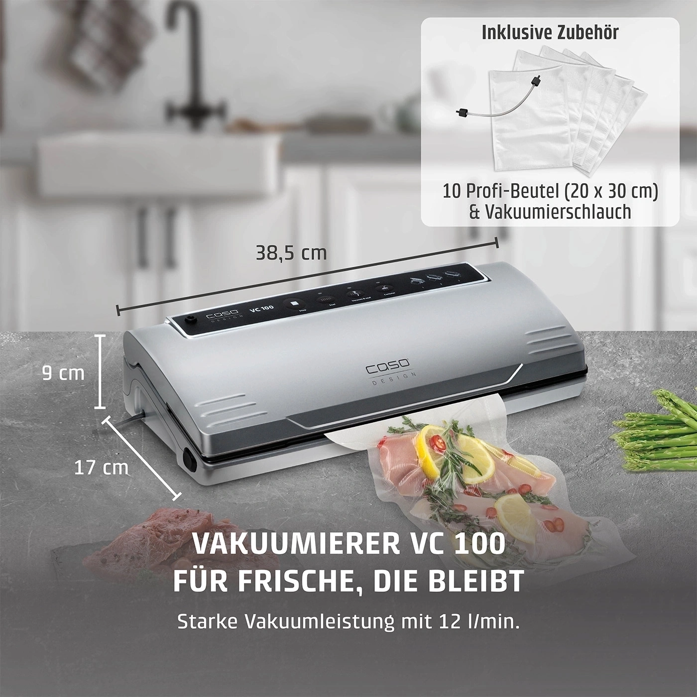 Vacuum sealer with accessories and dimensions on a kitchen countertop.