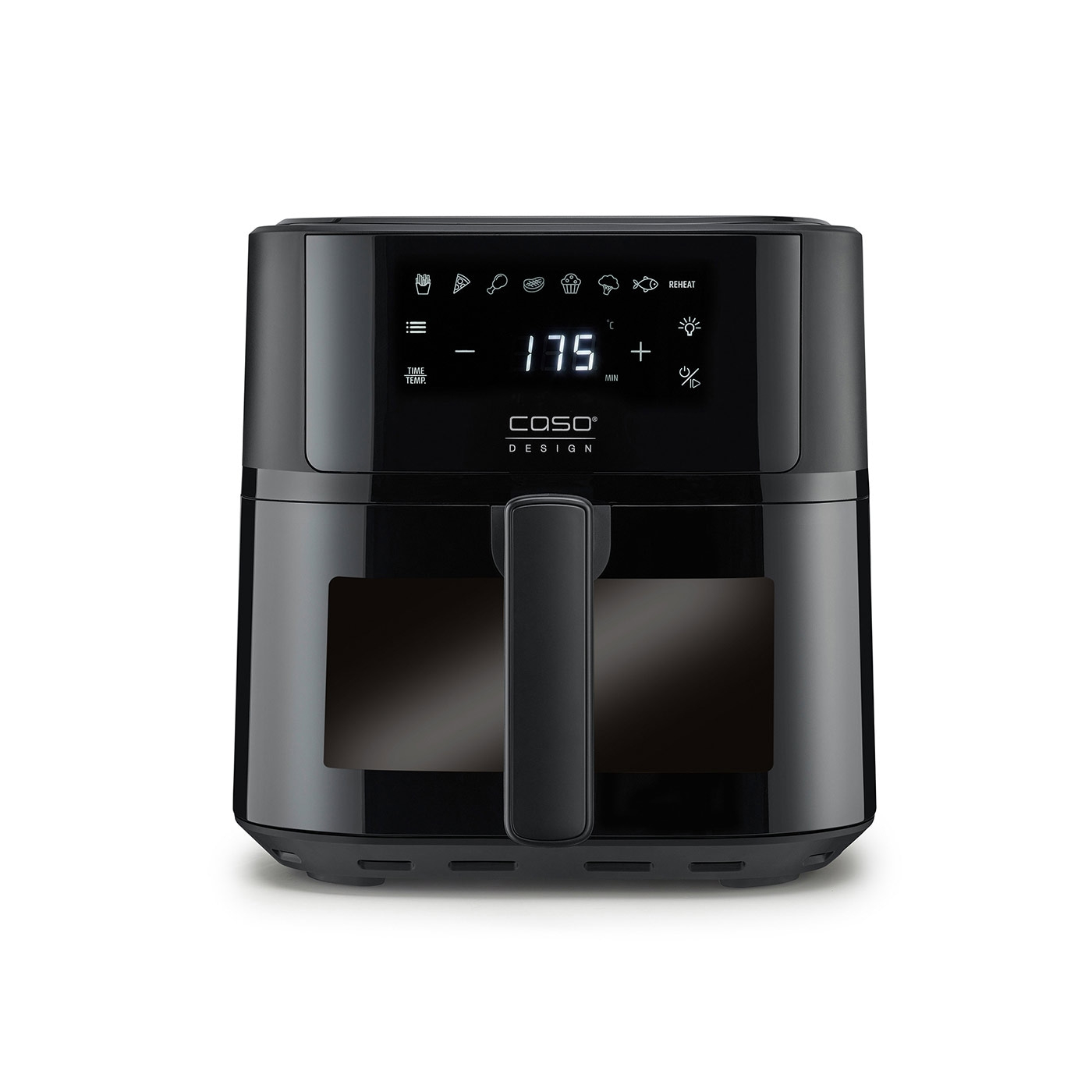 Schwarze Heißluftfritteuse mit digitalem Display und Griff für Küche und Kochen.
