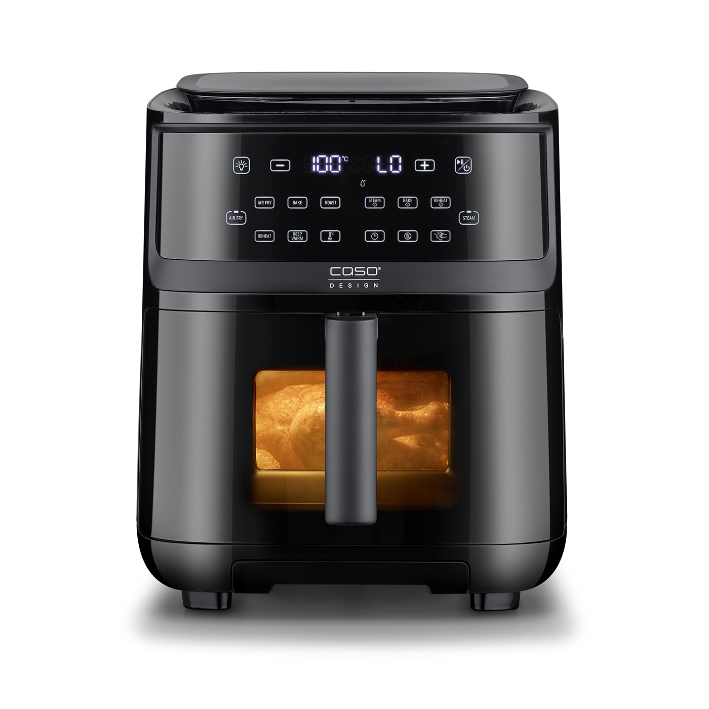 Black air fryer with control panel and display, cooking, baking, roasting, steaming