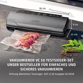 Scelleuse sous vide Caso VC 10 avec viande dans sac sous vide, dimensions indiquées.