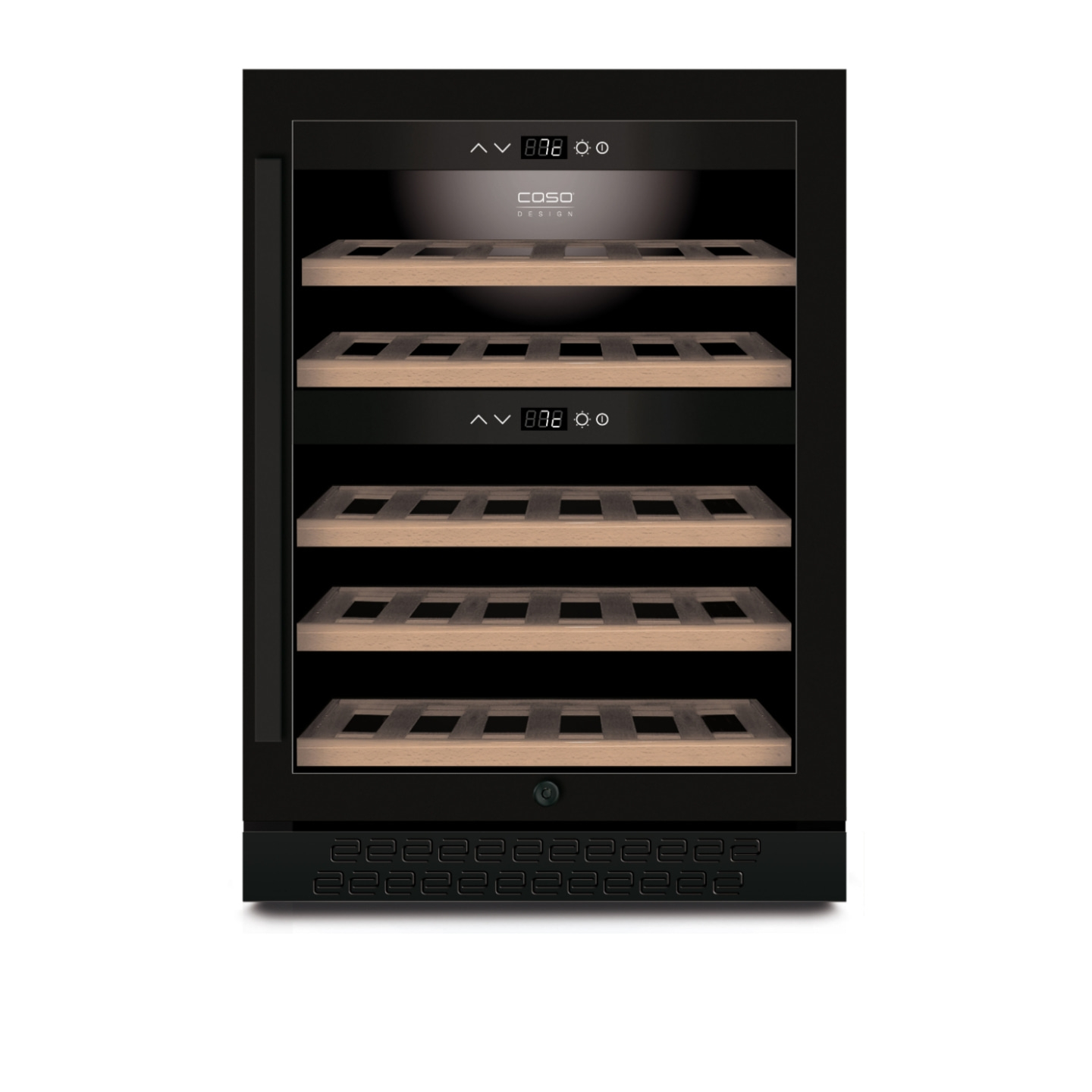 Black wine cooler with wooden shelves and temperature display
