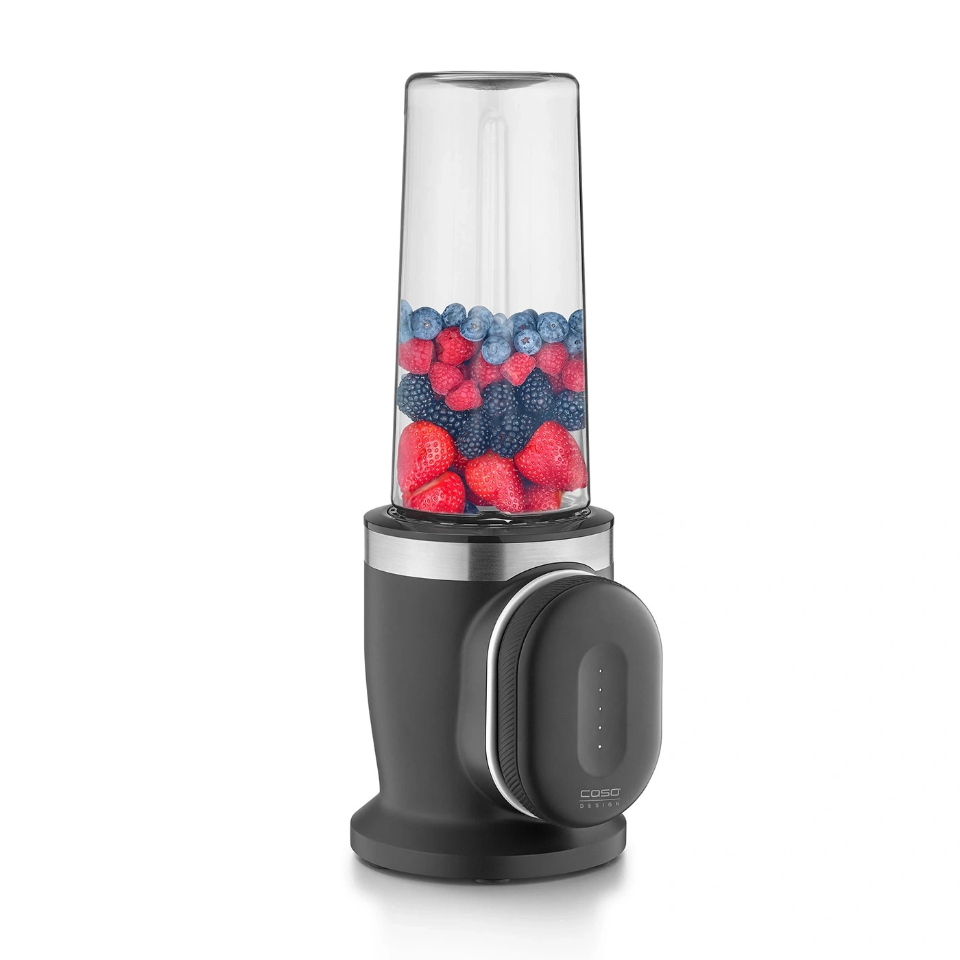 Mixer mit Beeren gefüllt, bereit für einen Smoothie-Genuss. Schwarzes Design.