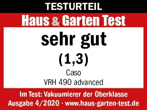 Résultat du test Haus & Garten Test : très bon (1,3) pour le scellant sous vide Caso VRH 490 advanced.