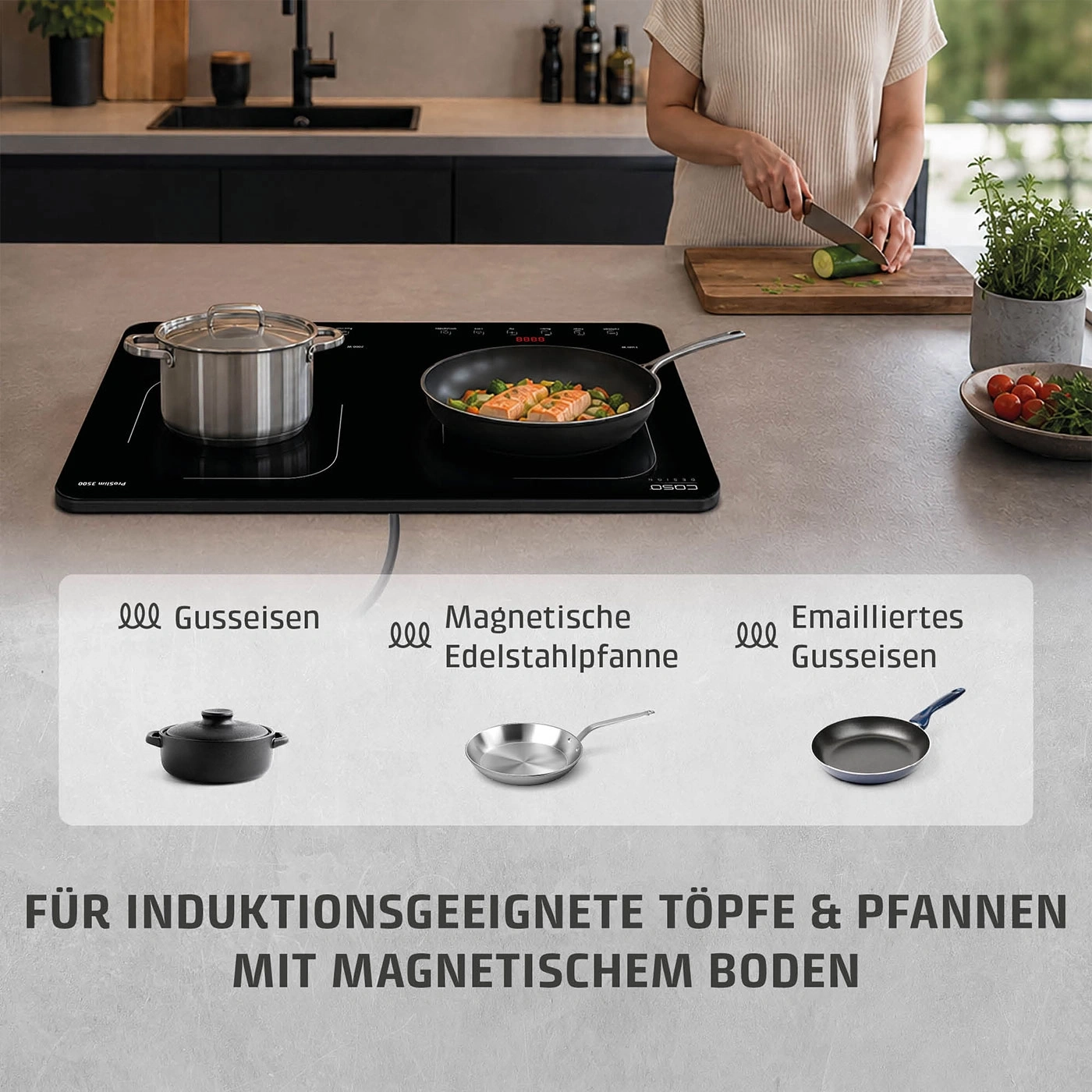 Plaque de cuisson à induction avec différents ustensiles de cuisine et explication textuelle.