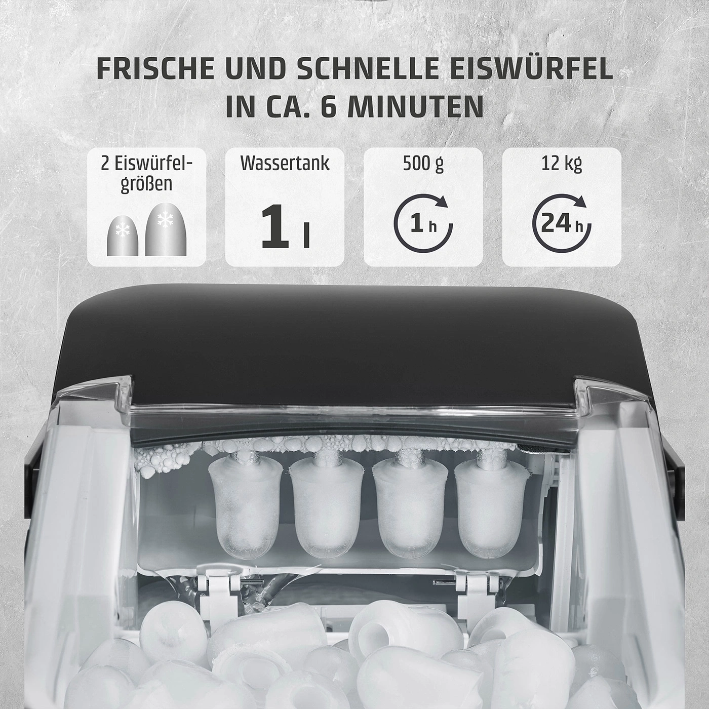 Eiswürfelmaschine macht frische Eiswürfel schnell in 6 Minuten.