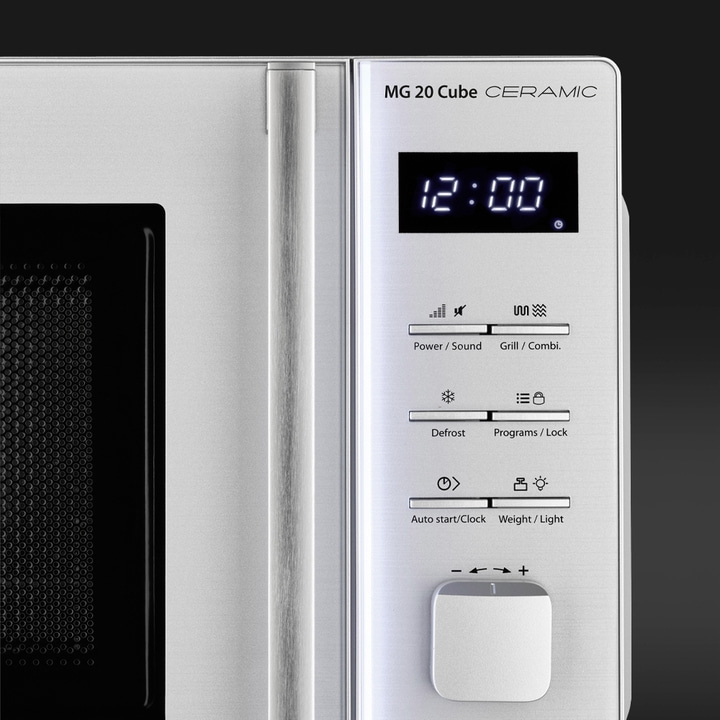 Microwave oven control panel showing time 12:00, with functions like grill and defrost.