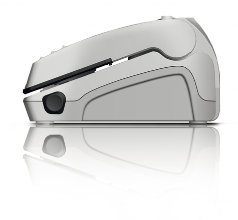 Grauer, futuristischer Tacker mit Spiegelung auf weißem Hintergrund.