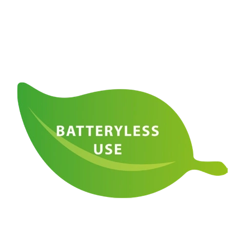 Green leaf with text 'BATTERYLESS USE' on a black background.