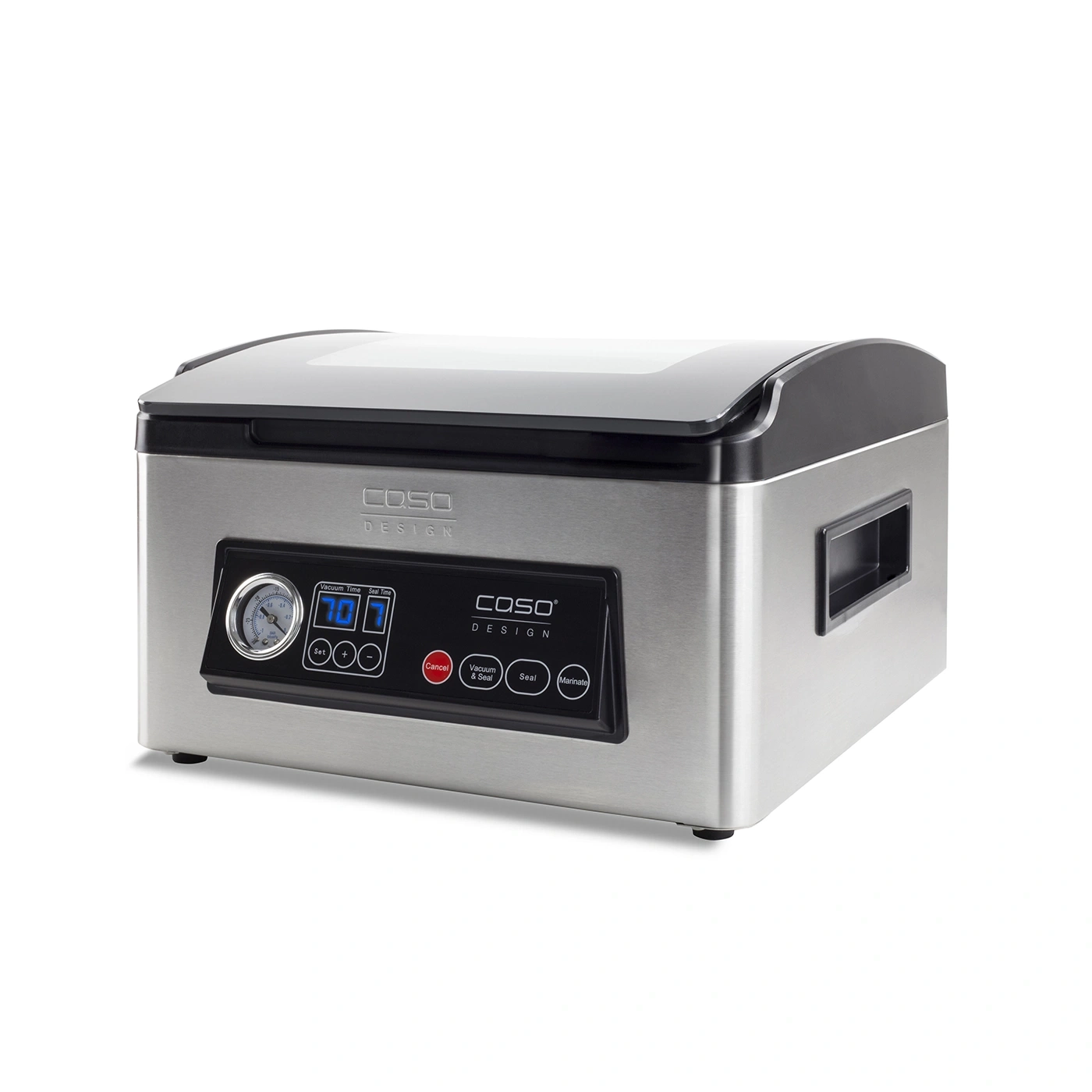 A Caso vacuum sealer machine with a silver body and black lid.