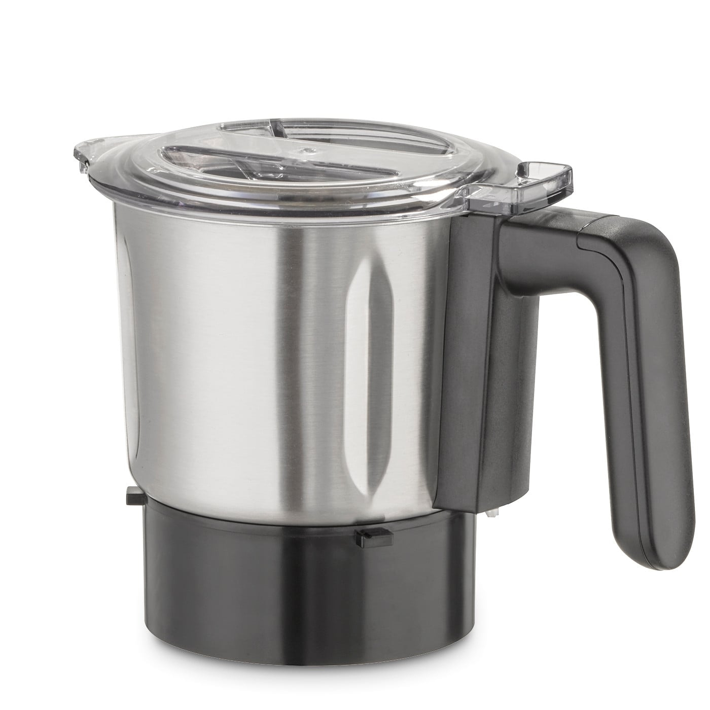 Edelstahl-Mixer mit schwarzem Griff und Deckel, isoliert auf weißem Hintergrund.
