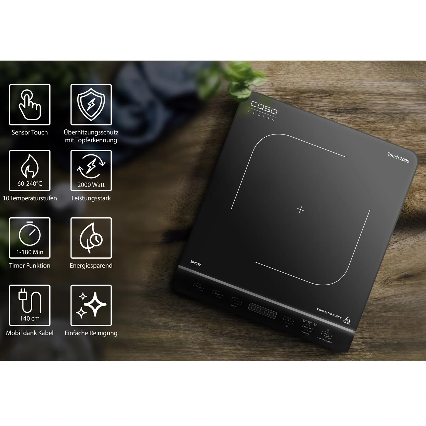 Induktionskochfeld mit Sensor Touch, 2000 Watt, Timer, Energiesparend, 140 cm Kabel