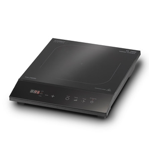 Induktionskochfeld, schwarz, mit Anzeige, Temperaturregelung, Timer und Warnhinweis.