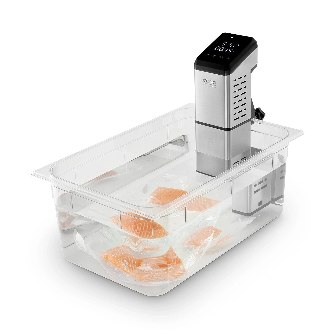 Sous-vide-Gerät mit Lachs in einem Wasserbad