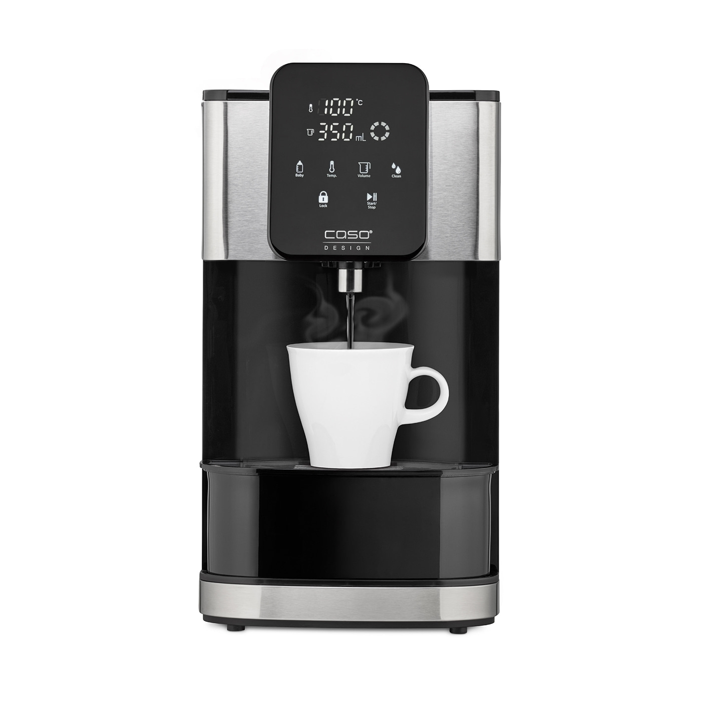 Hot water dispenser with cup, temperature display, volume display, black design, Caso brand.