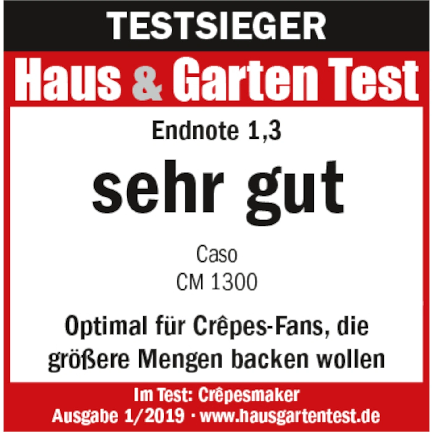Testeur Haus & Garten Test, note 1,3, très bon, Caso CM 1300, Crêpesmaker