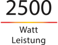 2500 Watt Leistung, rote und gelbe Linie, schwarze Schrift auf weißem Hintergrund