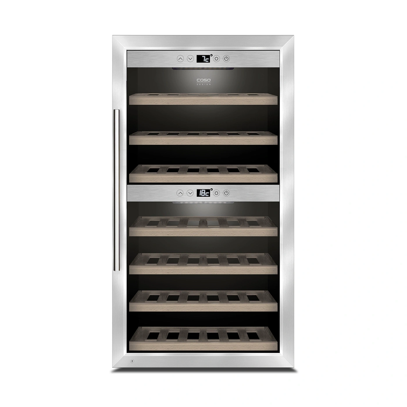 Ein moderner silberner Weinkühlschrank mit Holzböden und digitaler Temperaturanzeige.