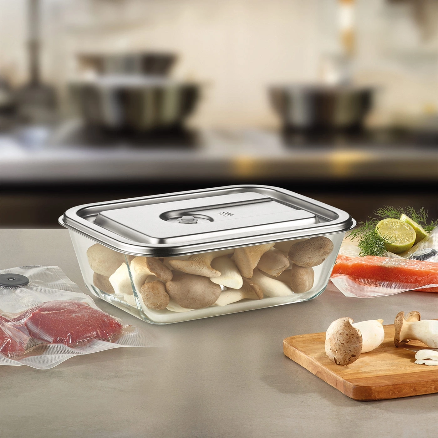 Glass container with mushrooms, meat, fish, and lemon on a kitchen countertop setting.