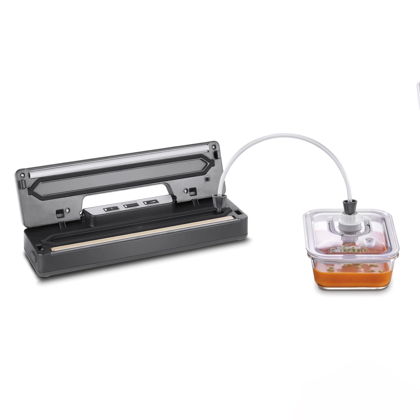 Vacuum sealer with container and tube, food preservation, kitchen appliance