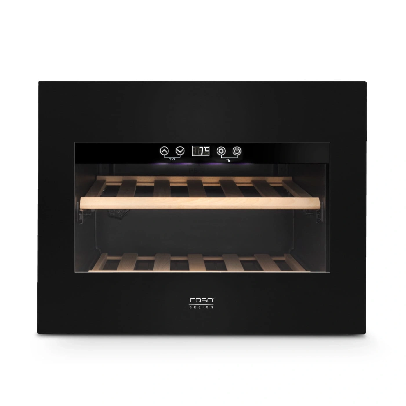 Schwarzer Weinkühler mit Holzregalen und digitaler Anzeige, Caso Design.