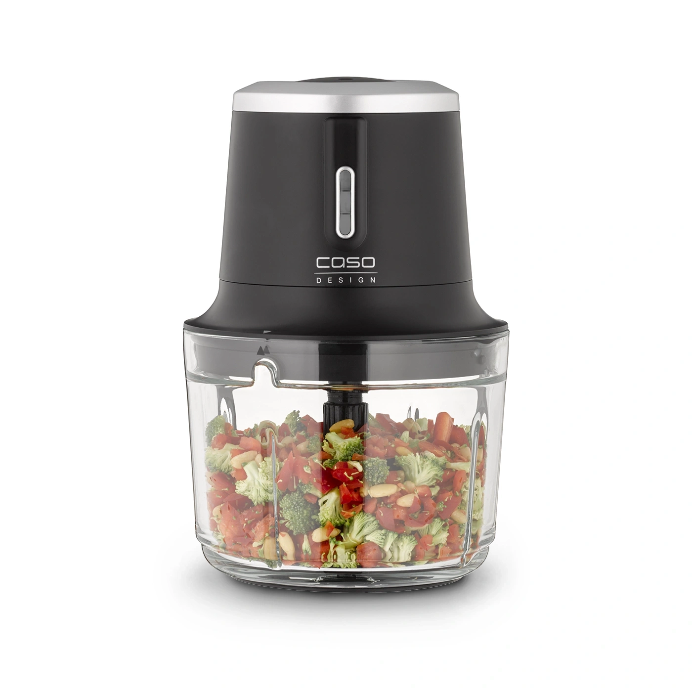 Robot culinaire noir avec légumes dans un récipient en verre. Caso Design.