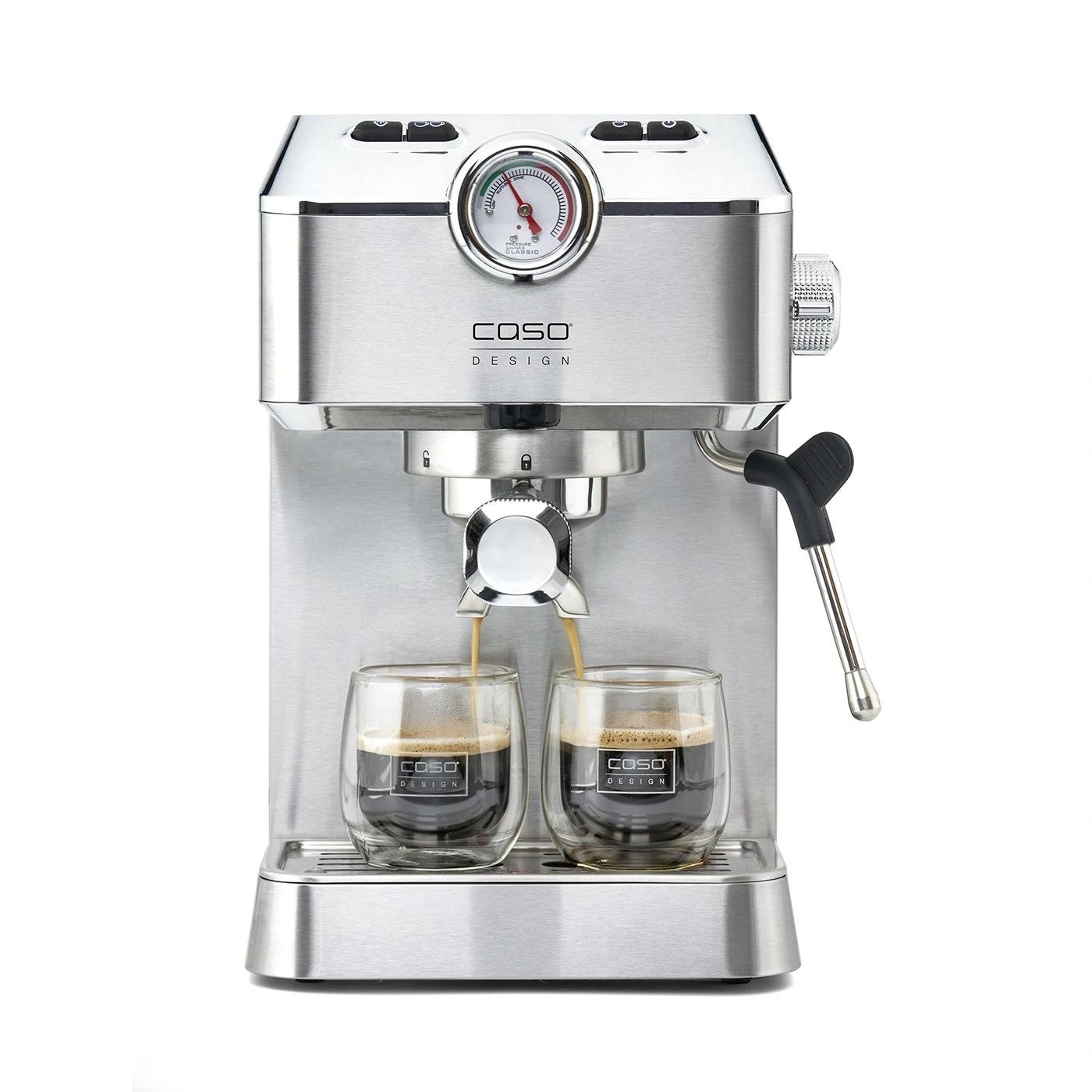Espresso machine pouring coffee into two glasses, Caso Design brand
